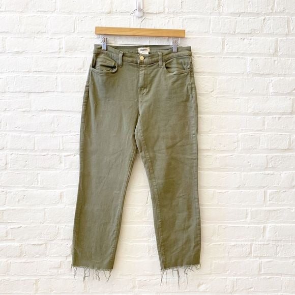 L'Agence || Sada Raw Hem High Rise Straight Crop Jeans Green 29