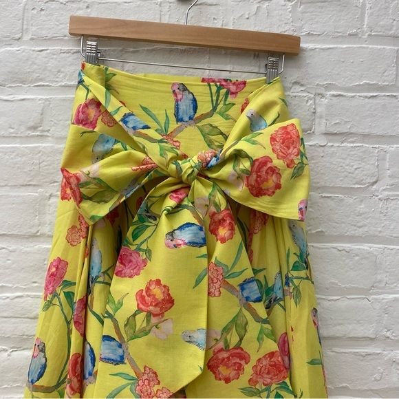 Brooke Wright Designs || Pleated Skirt with Sash Belt Bow Birds Floral Yellow 12