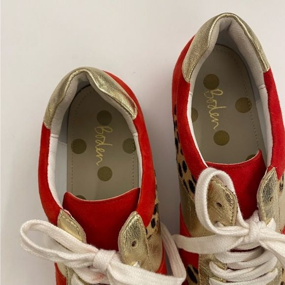 Boden || Hannah Comfort Sneakers Suede Cheetah Leopard Pony Hair Red Gold 37