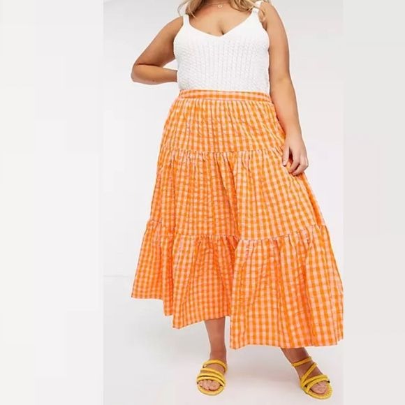 ASOS || Tiered Gingham Midi Skirt Cotton Orange US 16