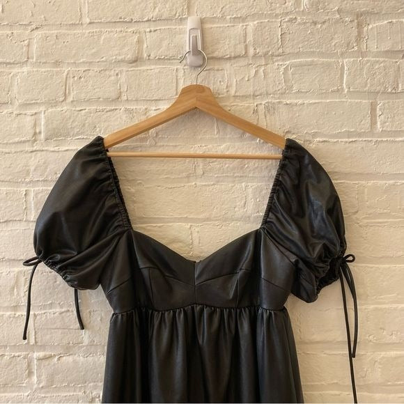 Amanda Uprichard || Sicily Babydoll Tiered Mini Dress Faux Leather Black Small