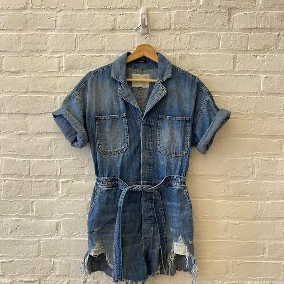 R13 || Mick Belted Distressed Denim Romper Cohen Blue Small