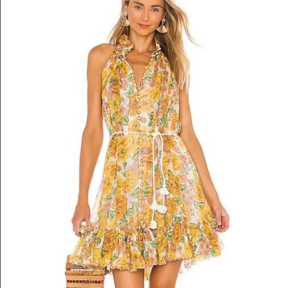 Zimmermann || Poppy Short Halter Belted Mini Dress Sunshine Floral Yellow Orange