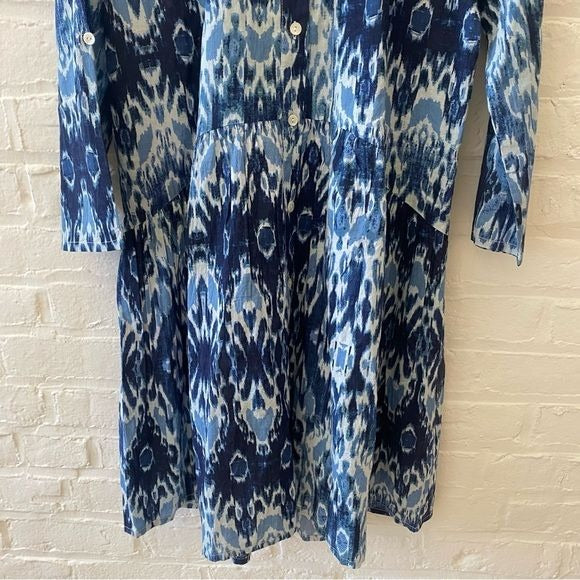 Ro's Garden || Deauville Tyla Tiered A-line Shirt Dress Ikat Blue XS NWT