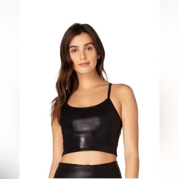 Beyond Yoga || Pearlized Slim Racerback Cropped Tank Black Shiny Medium