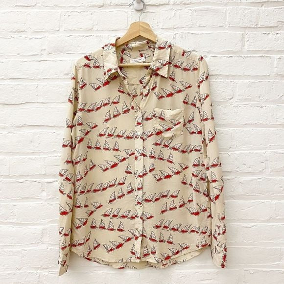 Equipment || Silk Brett Blouse Button Down Sailboats Cream Medium