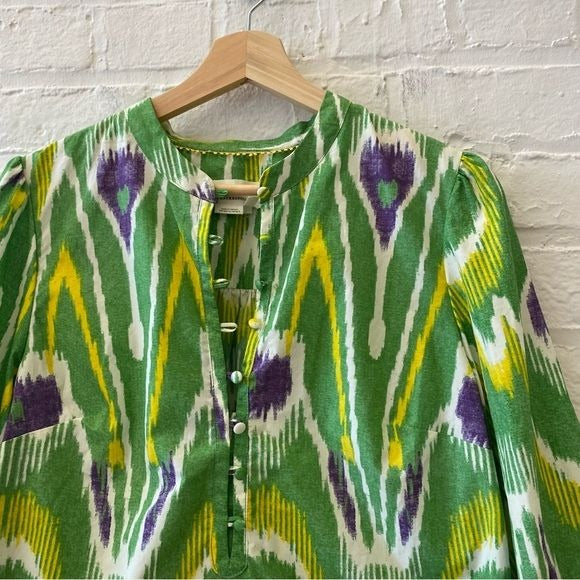 Anthropologie || Sharona Henley Top Blouse Ikat Pattern Green Purple Medium