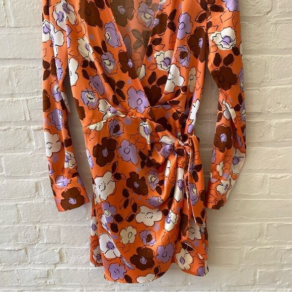 Zara || Floral Satin Faux Wrap Mini Dress Long Sleeve Orange Purple XS