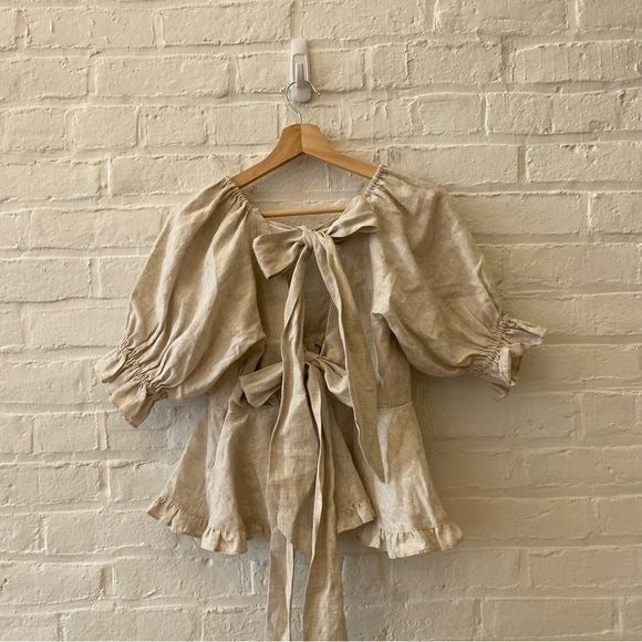 Joslin || Camille Tie-Back Linen Peplum Blouse Tan Beige AU 8 US 4