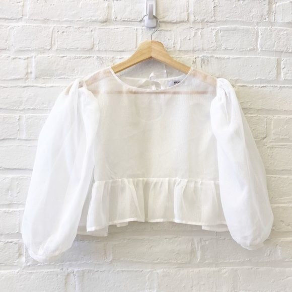 Manimami || Boxy Puff Sleeve Sheer Top Blouse Topper Crop  White