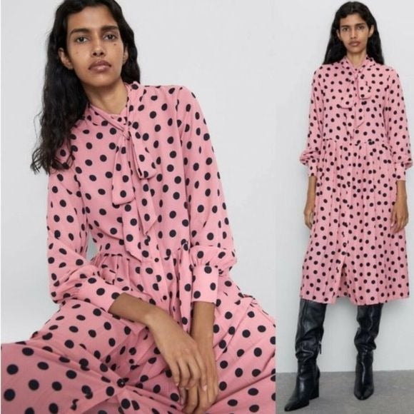 Zara || Pleated Polka Dot Shirtdress Midi Dress Pussybow Tie Neck Pink Black XS