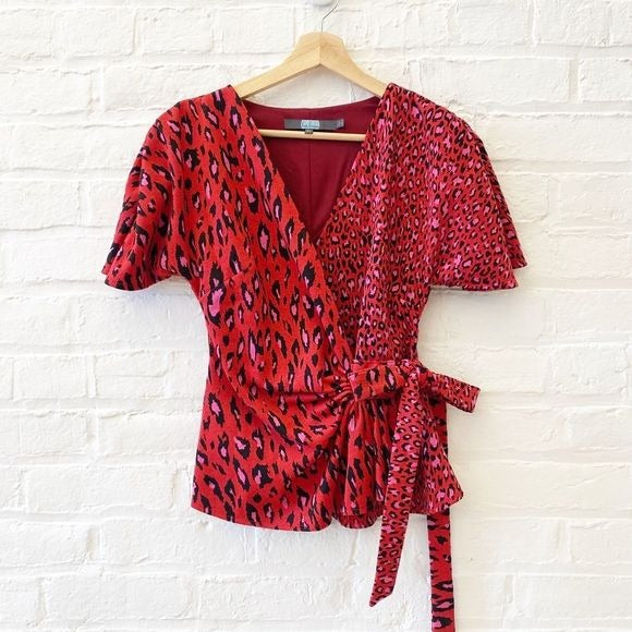 Anthropologie || Eva Franco Marika Wrap Top Pink Tigress Red Leopard XS