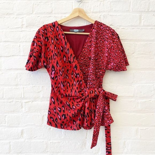 Anthropologie || Eva Franco Marika Wrap Top Pink Tigress Red Leopard XS