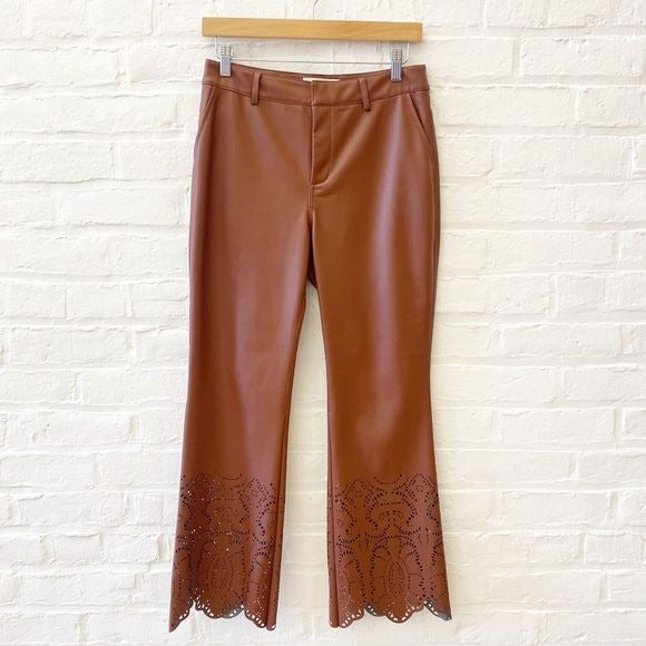 Anthropologie || Laser-Cut Faux Leather Trousers Crop Flare Cognac Brown 4