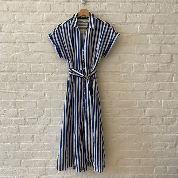 Zara || Striped Linen Blend Belted Shirt Dress Fit Flare Midi Blue Small