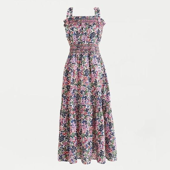 J. Crew || Smocked Dress In Watermark Floral Print Tie Shoulder Midi Medium