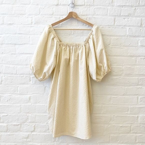 Abbeline || Gingham Babydoll Dress with Pockets Tan + White Large