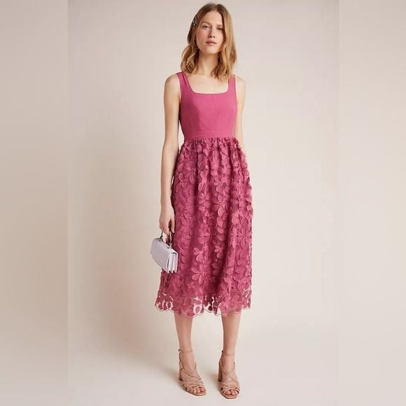 Anthropologie || Maeve Virginia Textured Midi Dress Floral Applique Pink 6