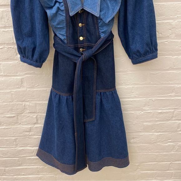 FARM Rio || Patch Denim Midi Dress Belted Ruffle Jean Button Front Blue Small