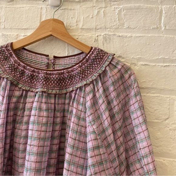 Leur Logette || Smocked Yoke + Cuff Checked Blouse Silk Blend Purple