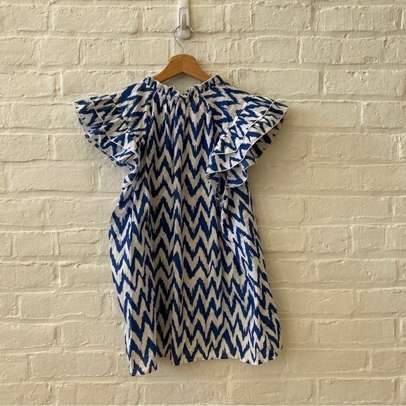 Stark X || Dreamy Top Blouse Chevron Cotton Poplin Ruffle Blue White Small NWT