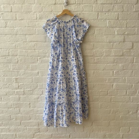 Rails || Juni Midi Dress V-neck Cinched Waist in Blue Blossoms White XS