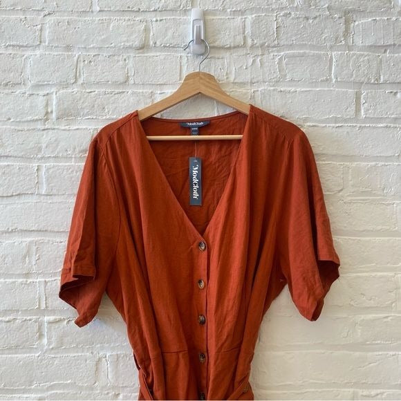 Modcloth || Summertime Playtime Romper Rust Orange Tie Waist Linen Blend 24 NWT