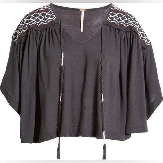 Free People || Market Embroidered V-Neck Top Gray XS NWT