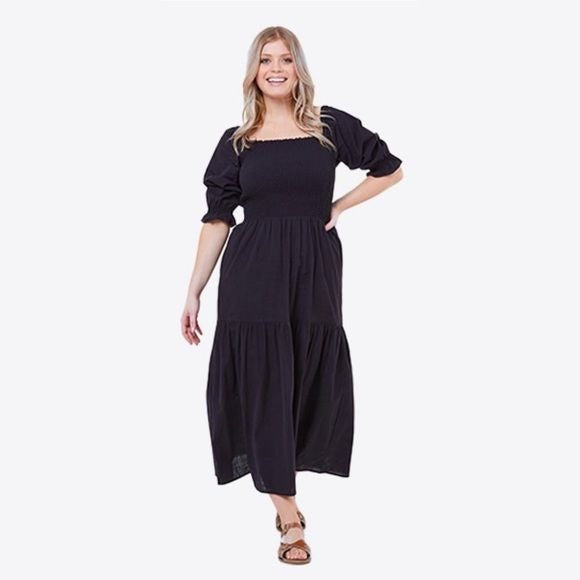 Joanie || Sierra Square Neck Tiered Smocked Midi/ Maxi Dress Black US 14