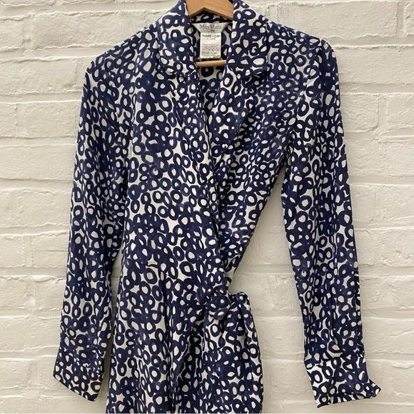 Max Mara || Ravel Printed-Silk Wrapped Shirtdress Navy Circle Bubbles Midi 2