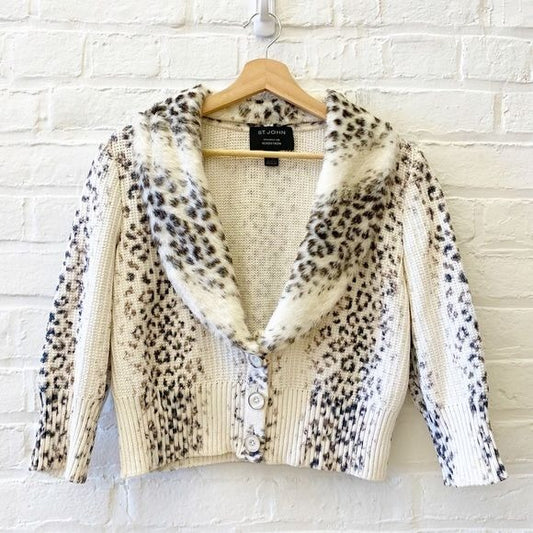 St. John || Snow Leopard Cardigan Sweater Detachable Fur Collar Cream Small