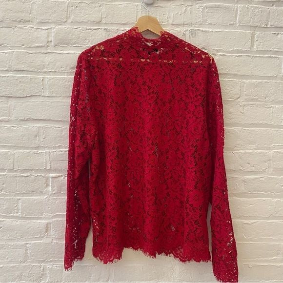 J. Crew || Mockneck Top in Floral Lace Bow Detail Holiday Party Red 20 NWT