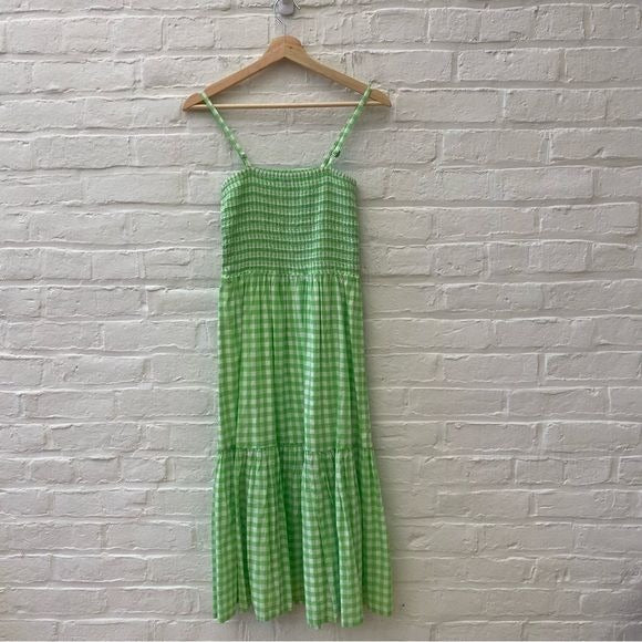 J. Crew || Smocked Top Midi Dress Tiered Gingham Lime Green XS