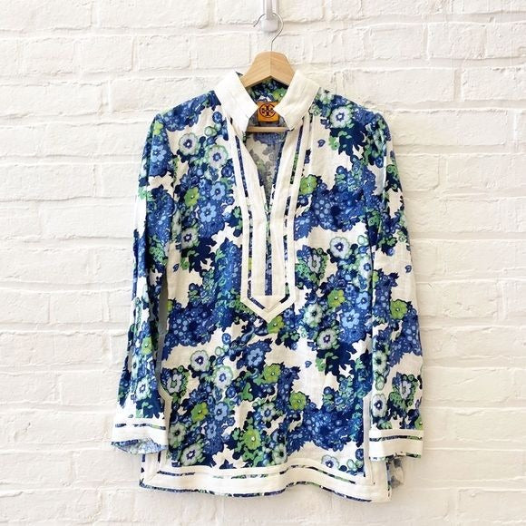 Tory Burch || The Tory Tunic in Ivory Bouquet Floral Linen Blue Green White 4