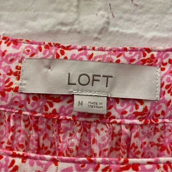 LOFT || Floral Square Neck Puff Sleeve Top Pink Metallic Medium