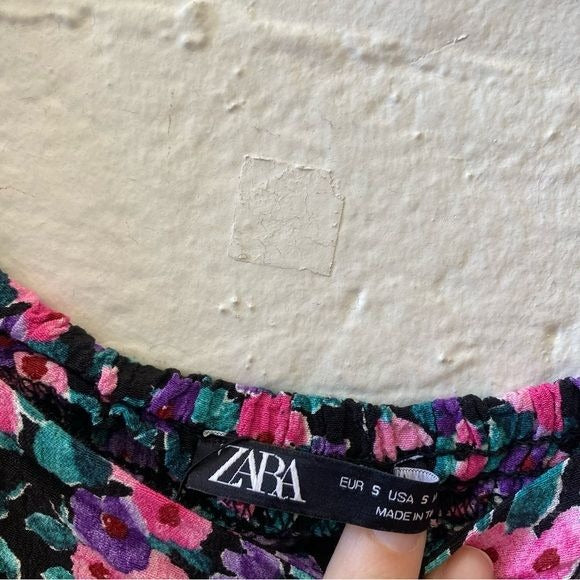 Zara || Puff Sleeve Crop Blouse Floral Black Pink Purple Small