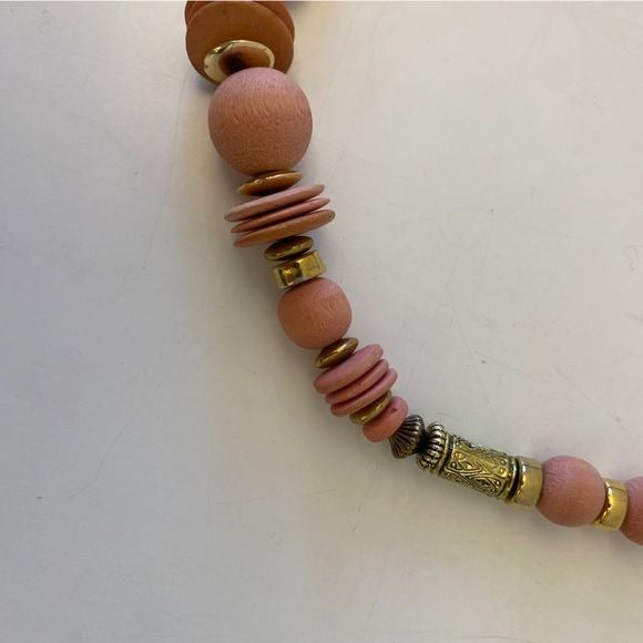 Chunky Pink Wooden + Gold Tone Beaded Necklace