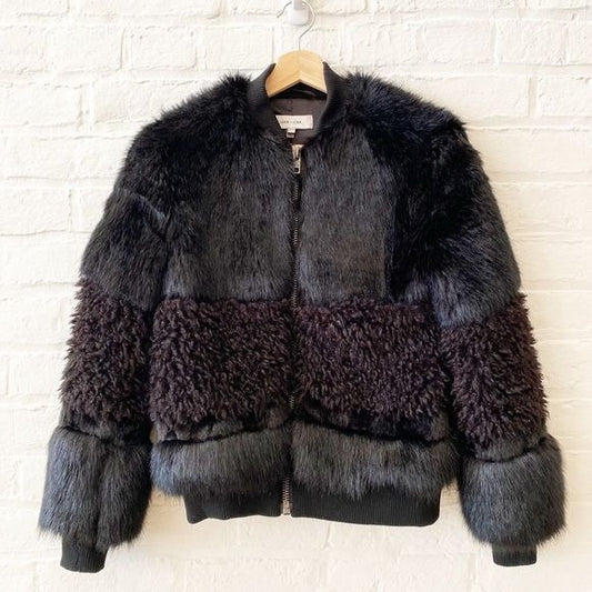 John + Jenn || Amy Faux Fur Bomber Jacket Mixed Texture Black XS