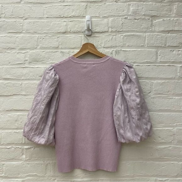 Lucy Paris || Elle Puff Shoulder Ribbed Knit Top Lavender Purple Large NWT