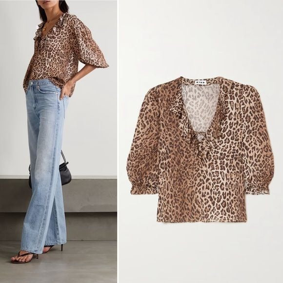 RIXO || Aaliyah Ruffled Leopard-Print Chiffon Blouse Brown XS