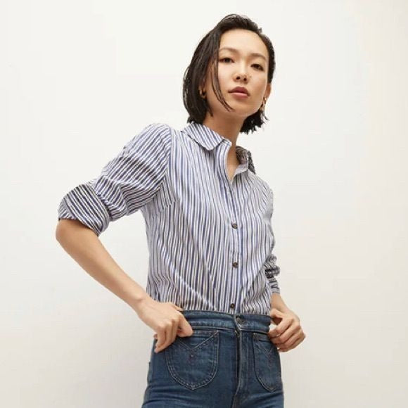 Veronica Beard || Libby Striped Poplin Button Down Shirt Top Blouse Blue 8