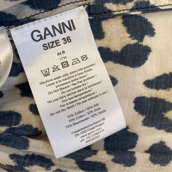 GANNI || Smocked Peplum Top Leopard Print Cotton + Silk 36 EU US 4