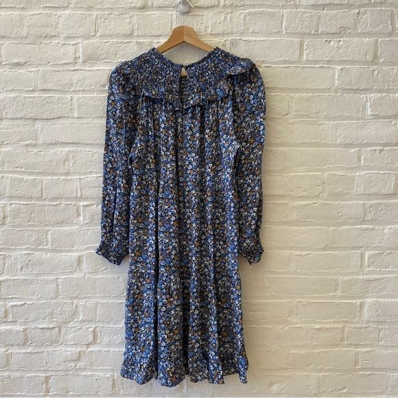 Boden || Smocked Yoke Tiered Long Sleeve Dress Ditsy Floral Blue 8