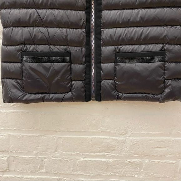 Cotes of London || Cap Sleeve Down Puffer Vest Crystal Trim Black Noir Large