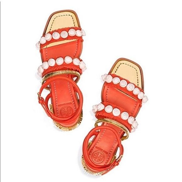 Tory Burch || Sinclair Seashell Sandal Strappy Fringe Gold Orange Red 7.5