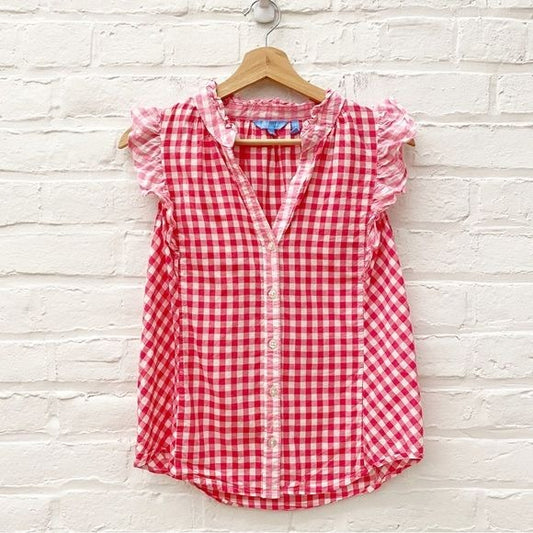 Draper James || Sleeveless Ruffle Button Down Gingham Top in Pink White XS