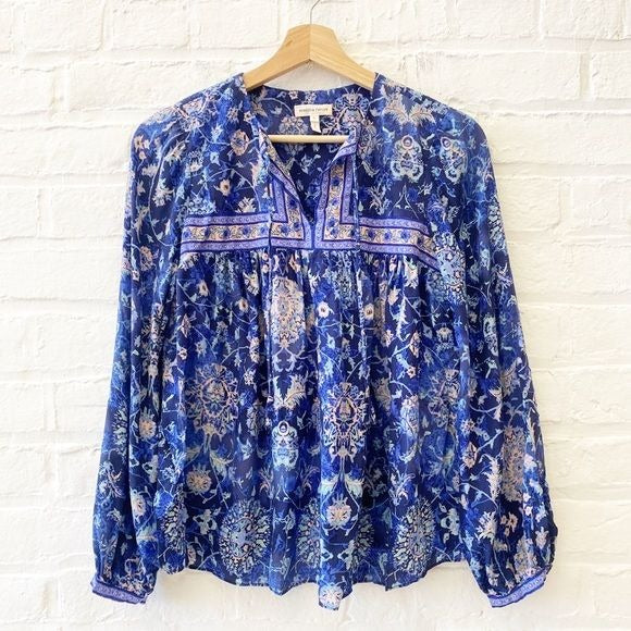 Rebecca Taylor || Silk Dreamweaver Top Long Sleeve Indigo Combo Blue Pink 0