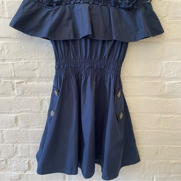 Self-Portrait || Hudson Lace-Yoke Ruffle Smocked Waist Mini Dress Navy Blue 4