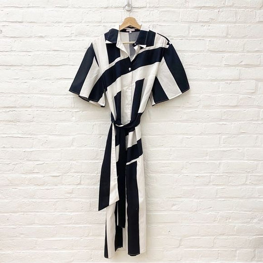 Frances Valentine || Amanda Striped Short-Sleeve Poplin Shirt Dress Black Large