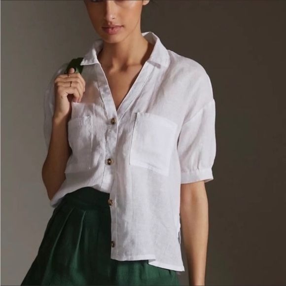 Anthropologie || Boxy Linen Button Down Short Sleeve Top White Small